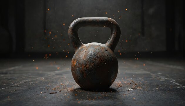 Rusty kettlebell rests on dark gym floor, orange sparks fly. Heavy iron equipment strength training, grit, power. Rustic metal weight embodies intense fitness challenges, peak athlete performance.