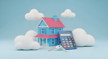 A small blue house with a red roof surrounded by white clouds and a calculator with keys placed beside it
