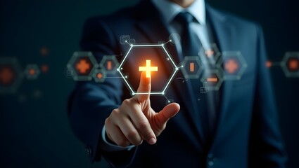 Businessman Selecting Healthcare Plus Icon; Futuristic Digital Interface; Modern Technology Concept