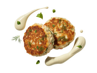 Two delicious salmon patties with creamy sauce and herbs isolated on transparent background