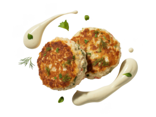 Two delicious salmon patties with creamy sauce and herbs isolated on transparent background