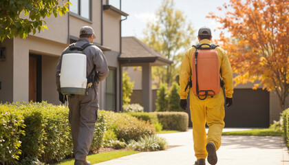 Two pest control technicians in protective gear walk towards residential house. One wears gray overalls, carries white sprayer tank. Wears yellow suit with orange tank. Ready for garden maintenance,