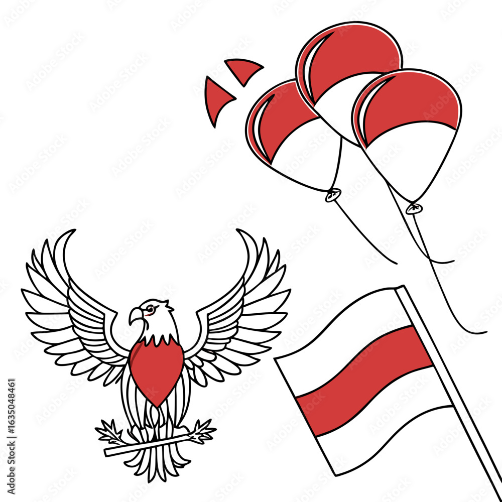 Poster illustration of an eagle with outstretched wings flag and balloons in red and white color scheme des