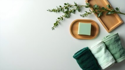Serene Spa Setting:  Green Soap, Bamboo Tray, Rolled Towels, and Greenery on White Background