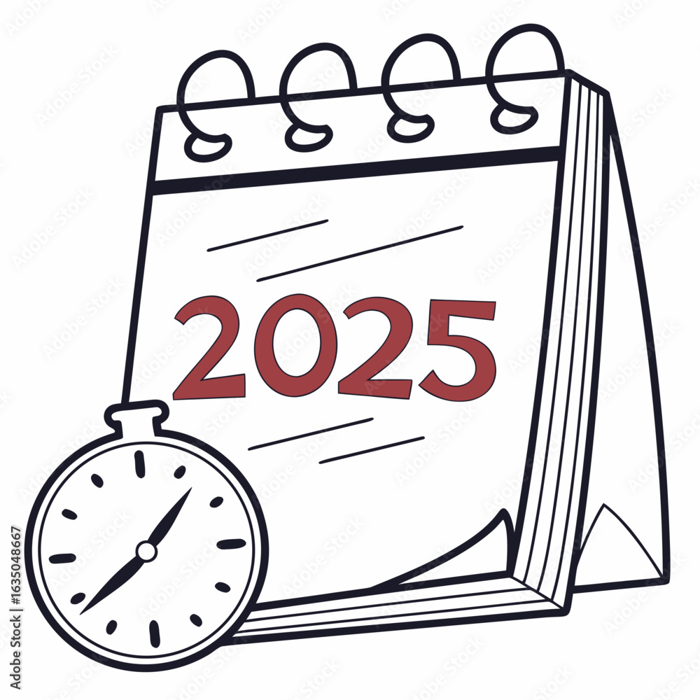 Poster illustration of a calendar showing the year 2025 with a clock indicating the passage of time shown c
