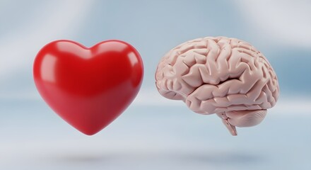 A red heart and a human brain are facing each other, with a blurred light blue gradient background