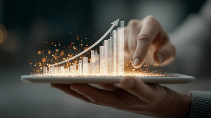 Dynamic financial growth visualization on tablet with glowing statistics and upward trend arrow