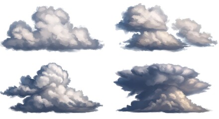 A set of 4 realistic illustration brushes of different types of clouds on white background 