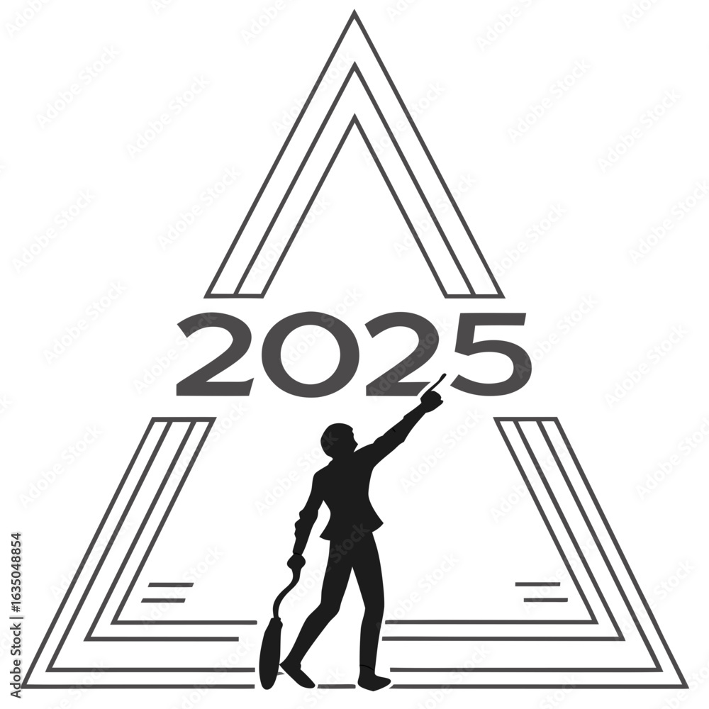 Poster silhouette of person pointing to 2025 within a layered triangle art deco design in black and white s