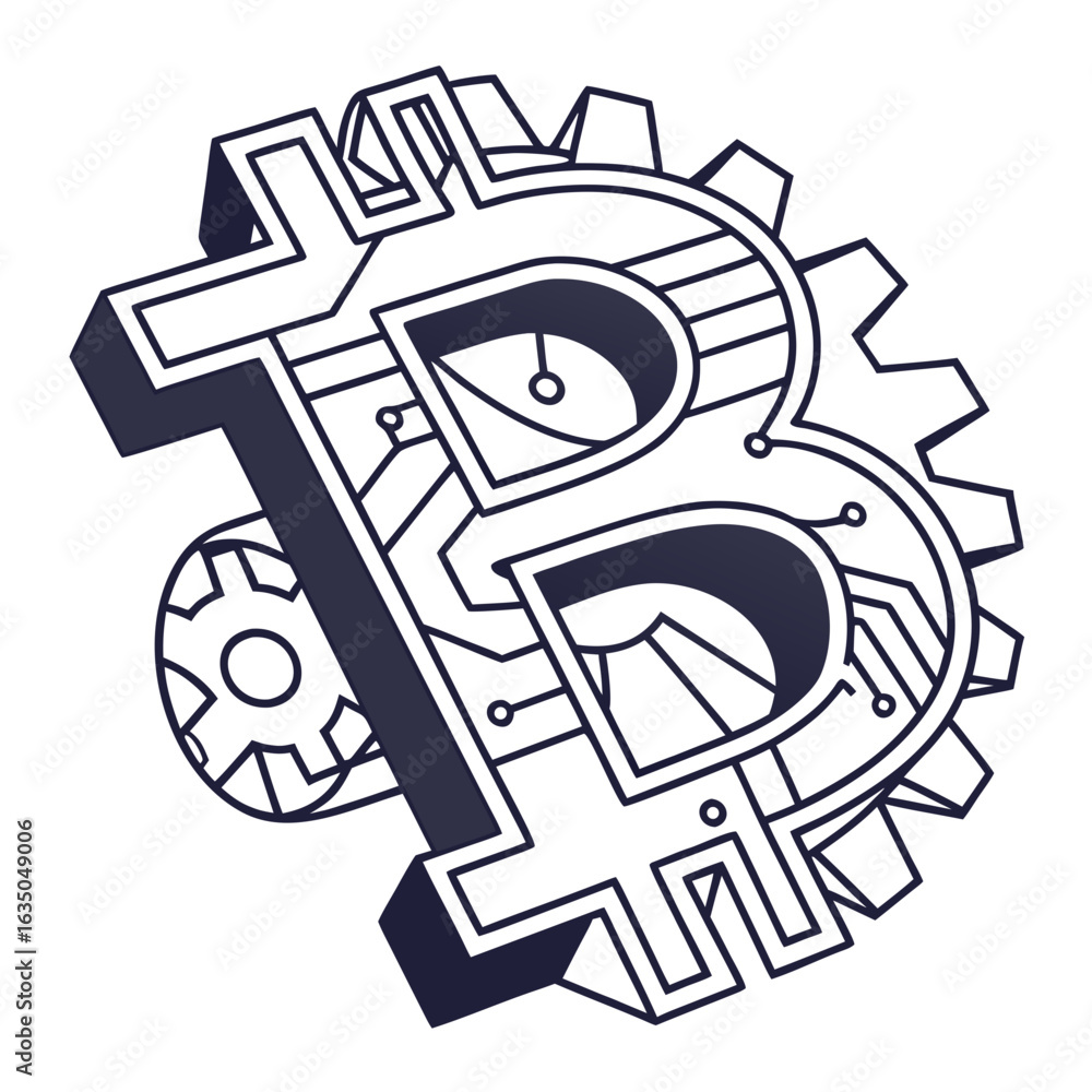 Poster bitcoin symbol with gears and circuit board design in black and white digital illustration style art