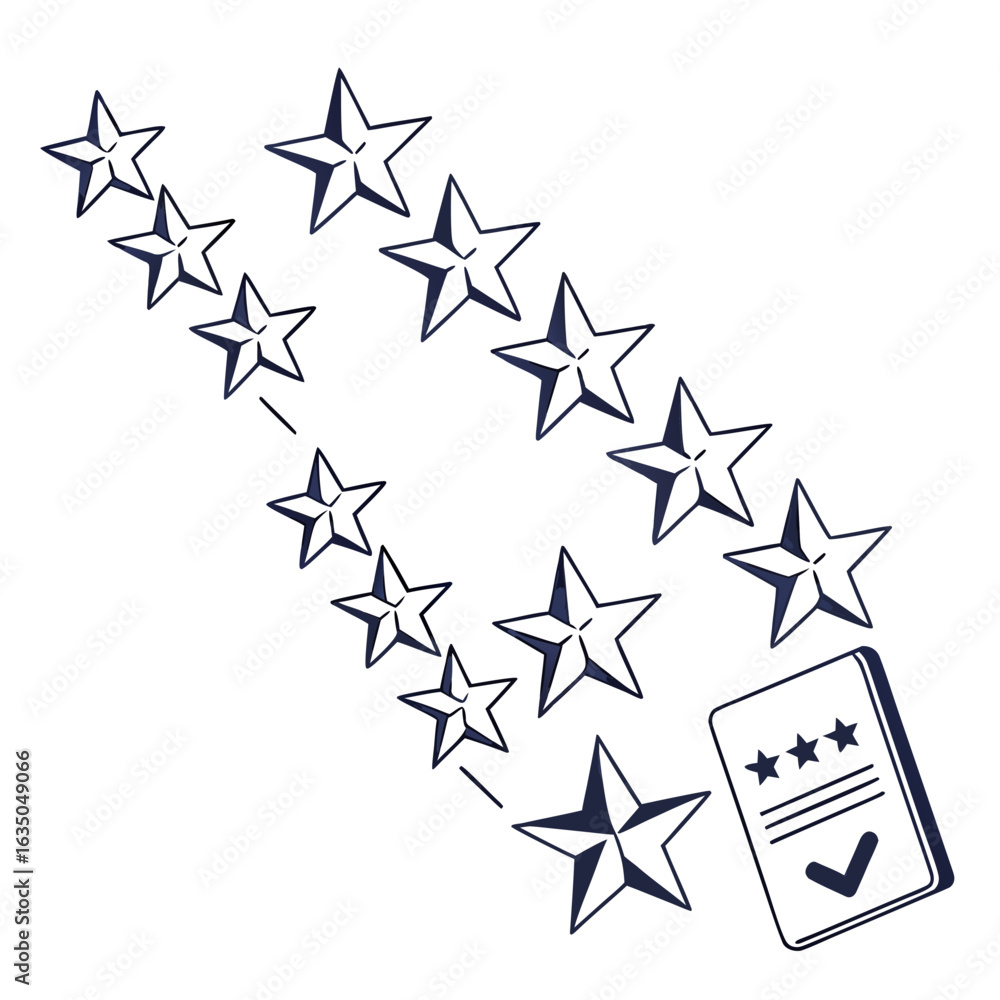 Poster illustration of a rating document with a checkmark and a trail of outlined stars ascending upward cr
