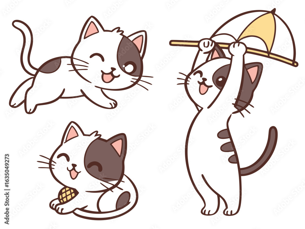 Poster three cartoon cats in various poses one with an umbrella and two playing happily in a playful scene 