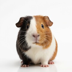Portrait of tri-colored guinea pig isolated on white background. Cute rodent, with sleek fur, expressive eyes, sits alone, pure charm, solitary nature. Perfect for pet blogs, animal care guides, cute