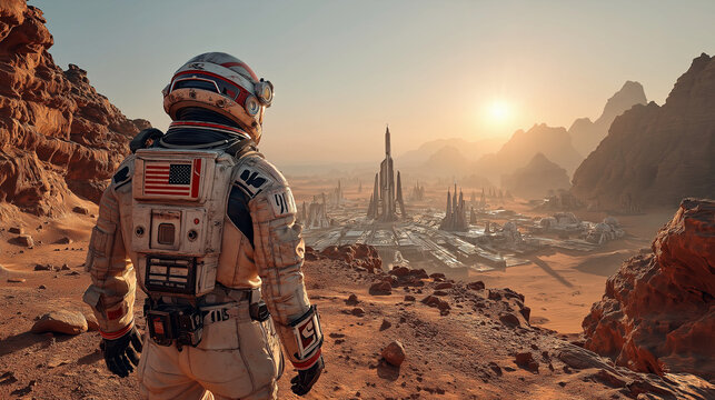 Astronaut surveys futuristic Martian colony at sunrise, seeking new frontiers. - Powered by Adobe