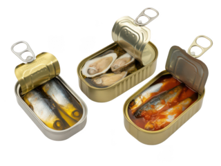 Three open cans of sardines in oil and sauce isolated on transparent background
