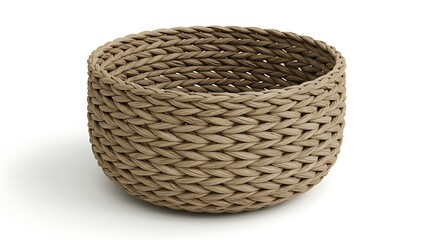 Obraz premium A woven basket with a natural fiber texture and rounded shape, empty and slightly imperfect to add realism, placed on a clean white background.