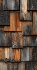 Weathered wooden shingles, varying shades of brown, gray, and black, showing age and texture; overlapping pattern