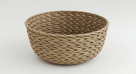 A woven basket with a natural fiber texture and rounded shape, empty and slightly imperfect to add realism, placed on a clean white background.

