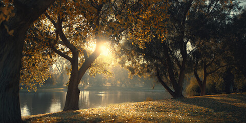 Autumn lake view with golden trees and bright sun
