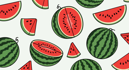 Watermelon Vector Illustration with Slices and Whole Fruit on Light Background for Food Blogs, Summer Themes, Kitchen Decor, Social Media Posts, and Educational Content  