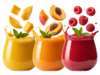 Three colorful fruit smoothies with fresh fruit pieces isolated on transparent background