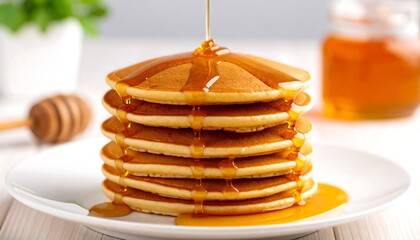 Stacked pancakes drizzled with honey