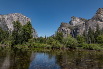 Yosemite National Park, California. Sierra Nevada. Yosemite Valley View.  The Merced River is a...