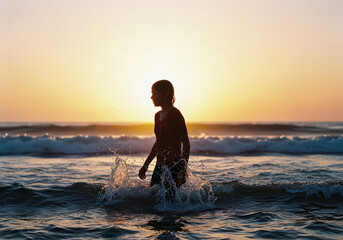 Young boy silhouetted against a vibrant sunset walking through ocean waves at dusk