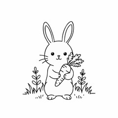 Cute bunny holding carrot in grassy field with flowers  
