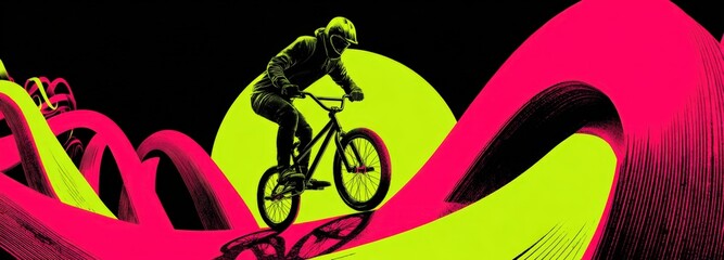 Naklejka premium BMX rider performing tailwhip over neon-pink obstacles with green AR wheel rotation loops