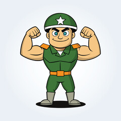An illustration character of an army man showing muscles