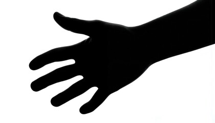 Obraz premium Black hand silhouette offering help invitation. Isolated human body part shows open palm, fingers extended forward. Gesture represents assistance, communication, connection for design concept use.