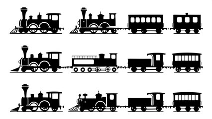 "Create a grid of twelve minimalist, silhouette-style steam trains and passenger cars in side profile view. Each train should be flat, dark gray, and child-friendly, with no shading or environmental b