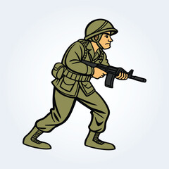 An illustration cartoon character of a pakistani military man walking in ground with gun