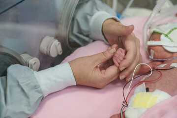 Premature baby holding parent's hand in NICU incubator, symbolizing love, care, support, medical technology, neonatal intensive care, hope, bonding, fragile life, healthcare and parenthood connection.