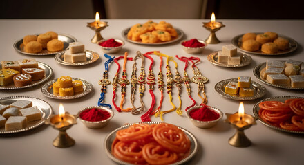 Raksha Bandhan celebration with sweets and rakhis on table. Traditional Indian festival includes colorful rakhis and various sweets arranged on plates.
