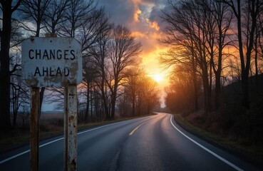 Road sign warns Changes Ahead on winding asphalt road through bare trees at sunset. Sky filled with dramatic clouds, vibrant orange hues. Scene new beginnings, life journeys, transition periods.