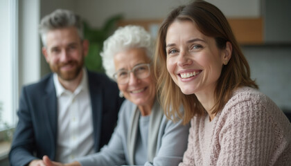 Three smiling people sitting together at home in casual attire
