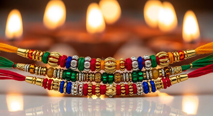 Obraz premium Colorful Rakhi bracelets with beads and threads. Festive Raksha Bandhan celebration with traditional Indian Rakhi. Brightly colored Rakhi for Indian festival.