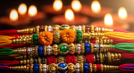 Fototapeta premium Colorful Rakhi bracelets, traditional Indian festival threads, adorned with beads, and flowers. These vibrant Raksha Bandhan threads symbolize sibling bonds and love.
