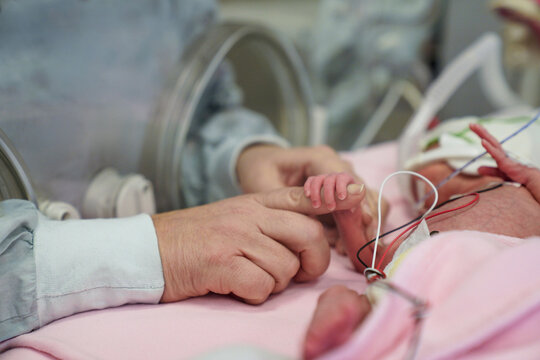 Premature baby holding parent's hand in NICU incubator, symbolizing love, care, support, medical technology, neonatal intensive care, hope, bonding, fragile life, healthcare and parenthood connection.