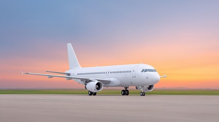 Fototapeta premium White Commercial Airplane on Runway at Sunset Horizon