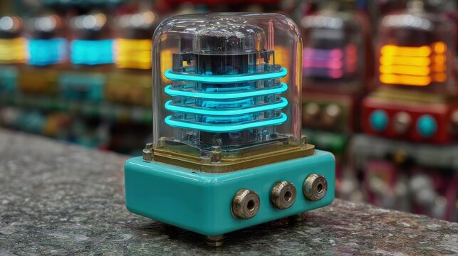 Tantalum electrolytic capacitor prism with neon blue rings in futuristic lab setting