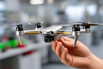 Close-up of a hand holding a modern, silver drone equipped with a camera.