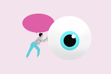 Creative artwork template sketch image 3D collage of message talk young lady push eye watch search...