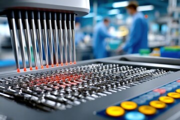 Robotic liquid handler accurately dispensing liquid samples in a modern lab.