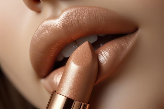Beauty macro of nude lipstick touching glossy lips, showcasing smooth texture and shine. - Powered by Adobe