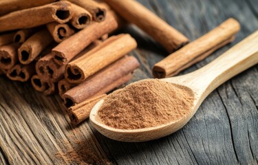 On a wooden table, a wooden spoon contains cinnamon sticks and cinnamon powder, embodying the concept of healthy spices