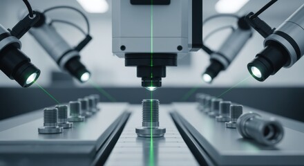 Detailed capture of hightech automated inspection equipment scrutinizing aerospace fastener thread pitch and alignment in controlled setting.