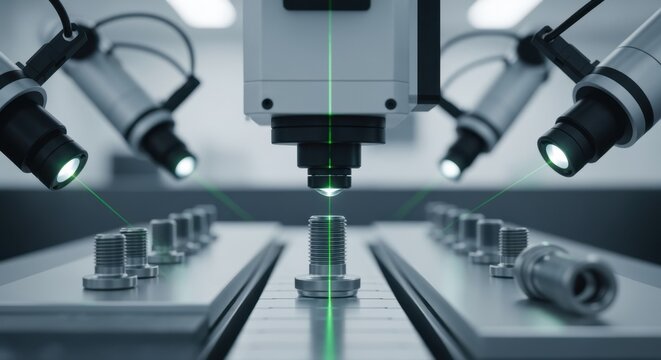 Detailed capture of hightech automated inspection equipment scrutinizing aerospace fastener thread pitch and alignment in controlled setting.